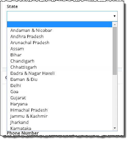 Organization State drop-down list - India.